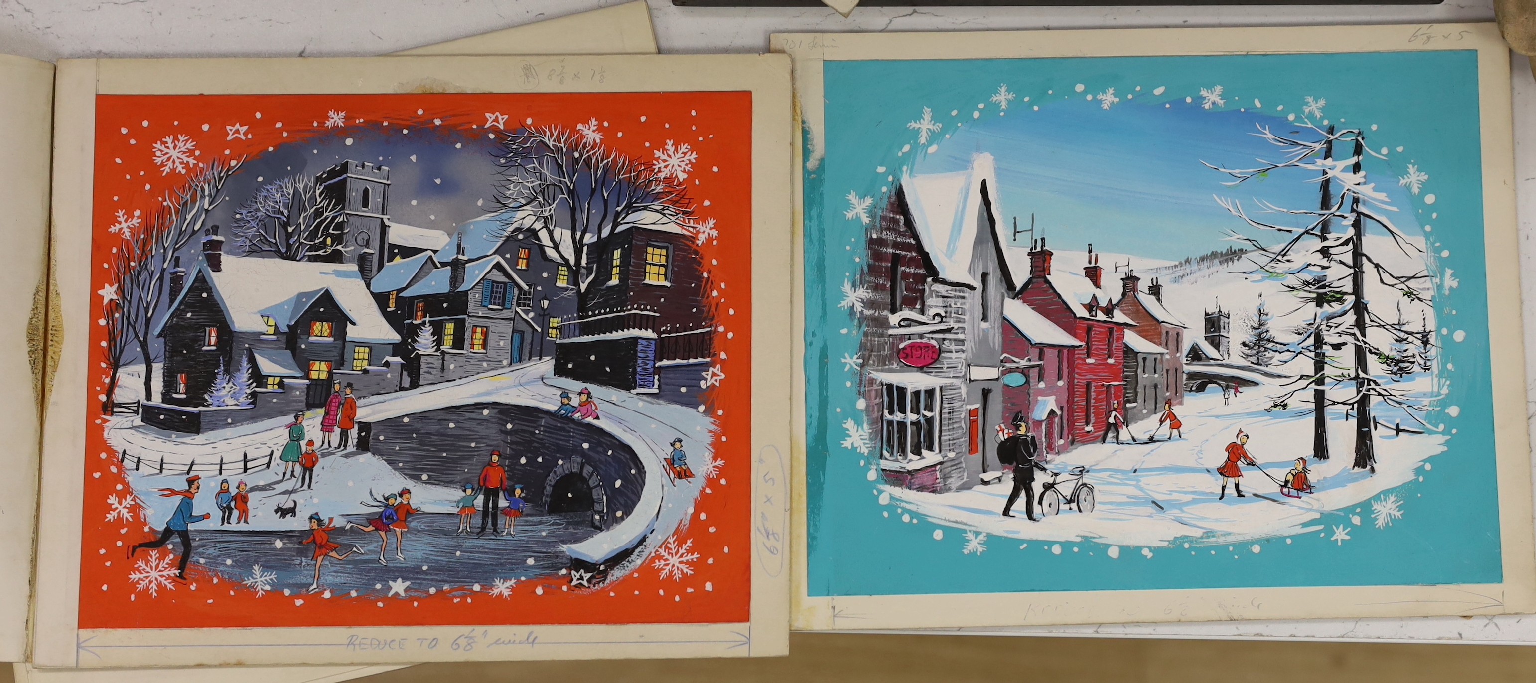 Veronica Venus, eight gouache, original vintage 1950's Christmas card designs, 18 x 22cm, unframed